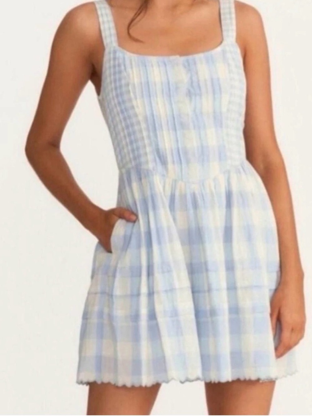 LoveShackFancy Chennedy Scalloped Cotton Check Mini Dress in Blue Patriot Size 4